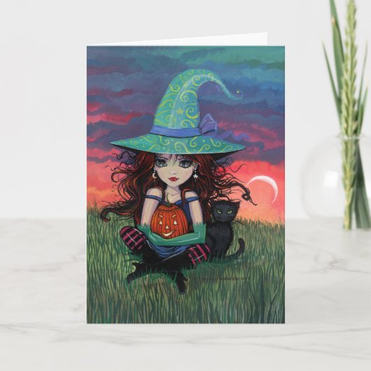 Heks en Kat Halloween Kaart (Voorkant)