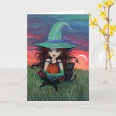 Heks en Kat Halloween Kaart (Gele Bloem)