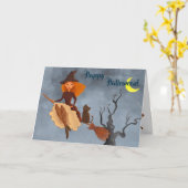 heks en kat op Broom Halloween Card Kaart (Gele Bloem)