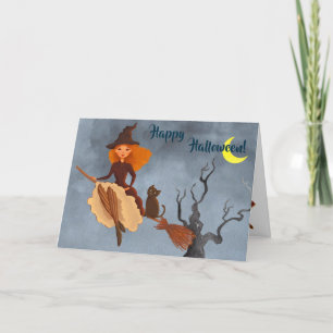 heks en kat op Broom Halloween Card Kaart