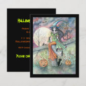 Heks en katten Halloween-feestuitnodigingen Kaart (Voorkant / Achterkant)