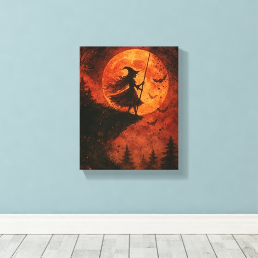 Heks en maanlicht Cliff | Spooky Halloween Canvas Afdruk (Insitu (Houten vloer))