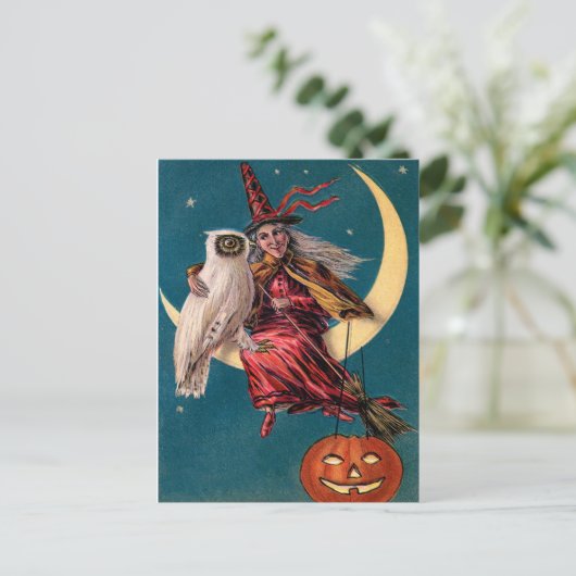  heks en Owl Happy Halloween Greeting Briefkaart (Staand voorkant)