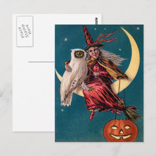 heks en Owl Happy Halloween Greeting Briefkaart (Voorkant / Achterkant)