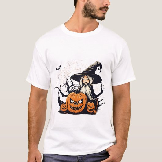 Heks en pompoen Demon Halloween T-shirt (Voorkant)