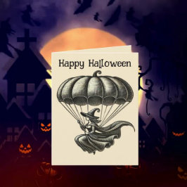 heks en pompoen parachute Halloween foto Feestdagen Kaart