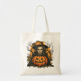 Heks en pompoen van Halloween op een Tote Bag