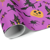 Heks en pompoenen Patroon Paarse Halloween Cadeaupapier (Rol Hoek)