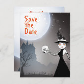Heks en Schedel Koppel Volle Maan Halloween Bruilo Save The Date (Voorkant / Achterkant)
