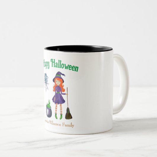 Heks en Spider Custom Naam Halloween Tweekleurige Koffiemok (Voorkant rechts)