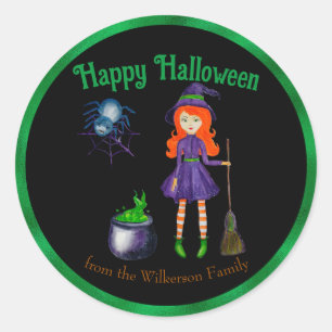 Heks en Spin Custom Naam Zwart Halloween Ronde Sticker