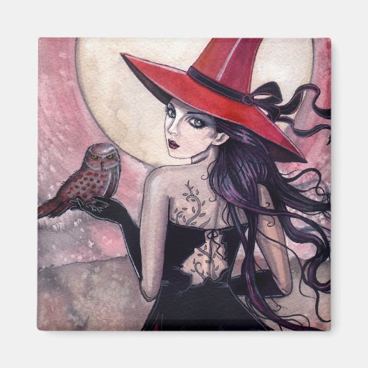 Heks en Uil Fantasy Kunst Magneet (Voorkant)