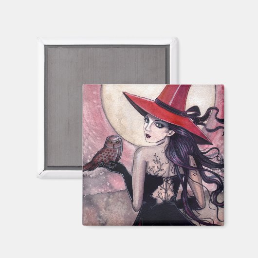 Heks en Uil Fantasy Kunstmagneet Magneet (Voorkant / Achterkant)