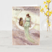Heks en Uil op de Maan  Halloween Kaart (Gele Bloem)