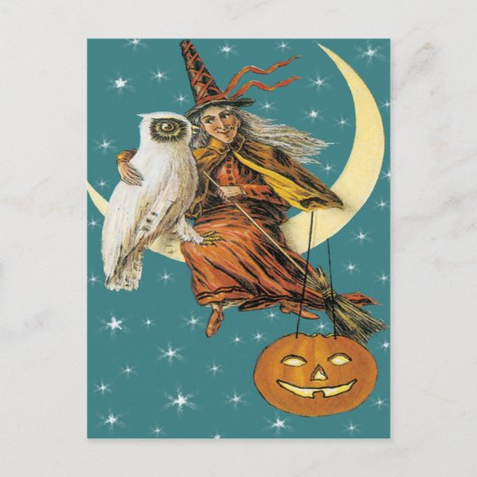 Heks en uil op het  Briefkaart (Voorkant)