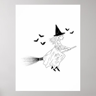 Heks En Vleermuizen Eenvoudige Lijnkunst Minimale Poster