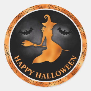 Heks en Vleermuizen Oranje & Zwart Gelukkig Hallow Ronde Sticker