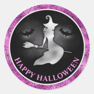 Heks en Vleermuizen Paars & Zwart Gelukkig Hallowe Ronde Sticker