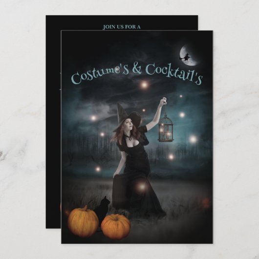 Heks en vuurvliegjes Halloween Party Uitnodiging (Voorkant / Achterkant)