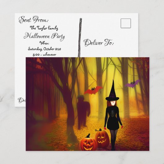 Heks en Zombie in de Bossen Halloween Party Briefkaart (Voorkant / Achterkant)