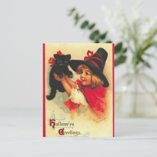  heks en zwarte kat briefkaart (Staand voorkant)