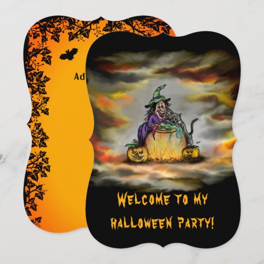 Heks en zwarte kat, Fijne Halloween! Kaart (Voorkant / Achterkant)