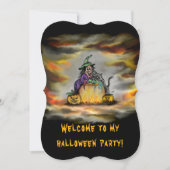 Heks en zwarte kat, Fijne Halloween! Kaart (Voorkant)