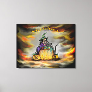 Heks en zwarte kat, Gelukkig Halloween! Canvas Afdruk
