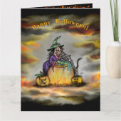 Heks en zwarte kat, gelukkig Halloween! Kaart (Voorkant)