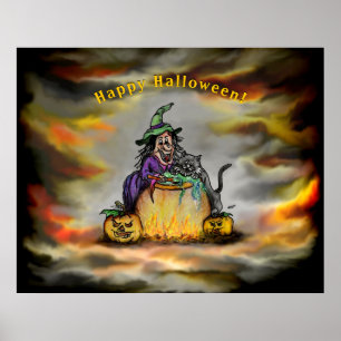 Heks en zwarte kat, Gelukkig Halloween! Poster