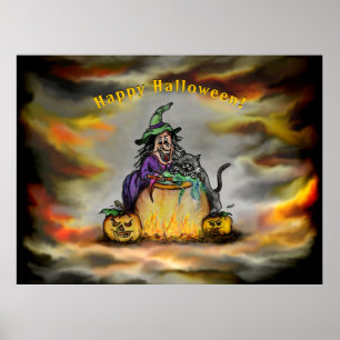 Heks en zwarte kat, Gelukkig Halloween! Poster