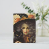  heks en zwarte kat Halloween Briefkaart (Staand voorkant)