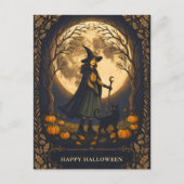 Heks en Zwarte Kat Halloween Briefkaart (Voorkant)