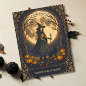 Heks en Zwarte Kat Halloween Briefkaart