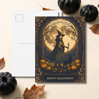 Heks en Zwarte Kat Halloween Briefkaart