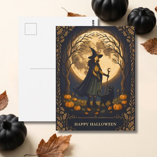 Heks en Zwarte Kat Halloween Briefkaart