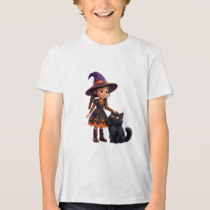 Heks en Zwarte Kat Halloween Hekserig Fantasie Tri-Blend Shirt