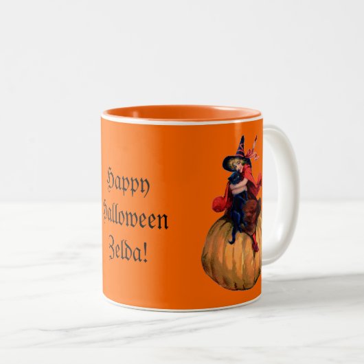 heks en zwarte kat Halloween Mok (Voorkant rechts)