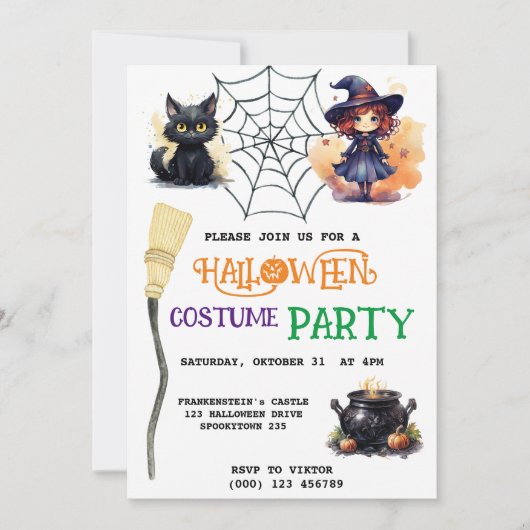 Heks en zwarte kat Halloween Party uitnodiging (Voorkant)