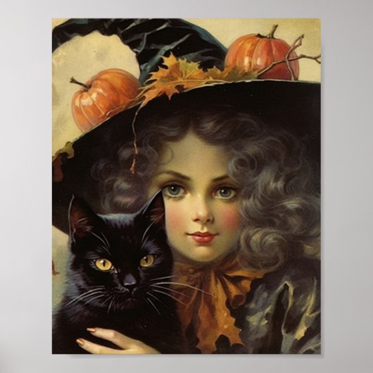 heks en zwarte kat Halloween Poster (Voorkant)
