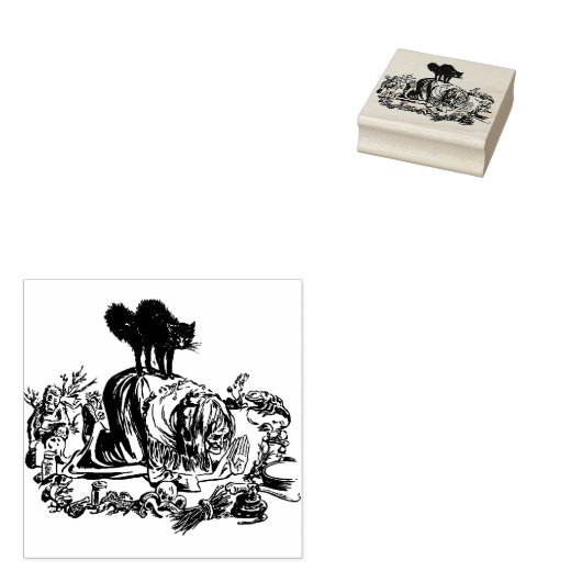 Heks en Zwarte Kat Halloween Rubber Stamp Rubberstempel (Gestempeld)