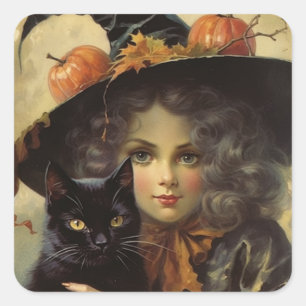heks en zwarte kat Halloween Vierkante Sticker