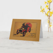  heks en zwarte kat in auto Halloween Kaart (Gele Bloem)