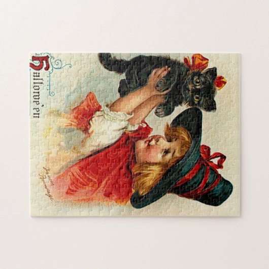 heks en zwarte kat legpuzzel (Horizontaal)