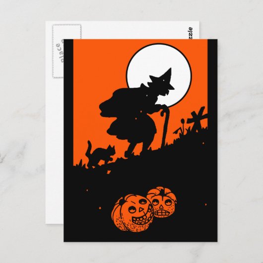  heks en zwarte kat Silhouette Briefkaart (Voorkant / Achterkant)