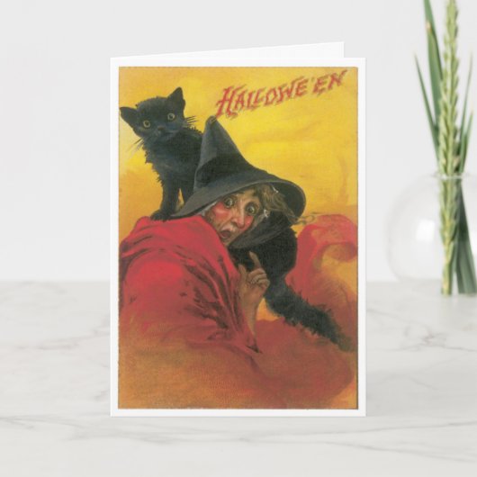 Heks En Zwarte Kat Vintage Kaart (Voorkant)