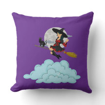 Heks en zwarte kat vliegen op bezem