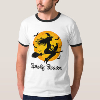 Heks en zwarte kat vliegen over volle maan t-shirt