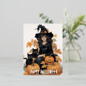  heks en zwarte katten Halloween Folie Feestdagen Briefkaart (Staand Voorkant)