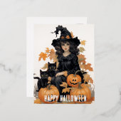  heks en zwarte katten Halloween Folie Feestdagen Briefkaart (Voorkant / Achterkant)